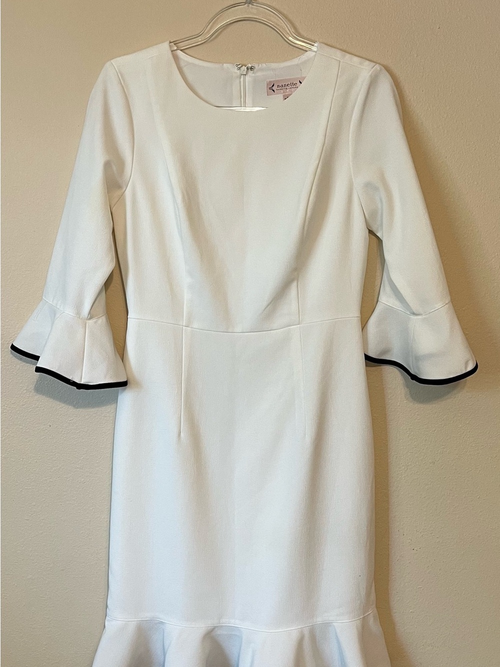 Nanette Lepore White Flare‑Sleeve Dress w/ Black Trim – Size 4